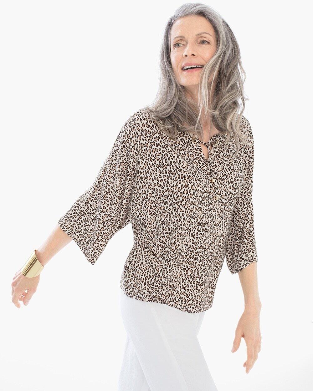 CHICOS Womens Micro Cheetah East West Top Size Large Animal Print Blouse Safari
